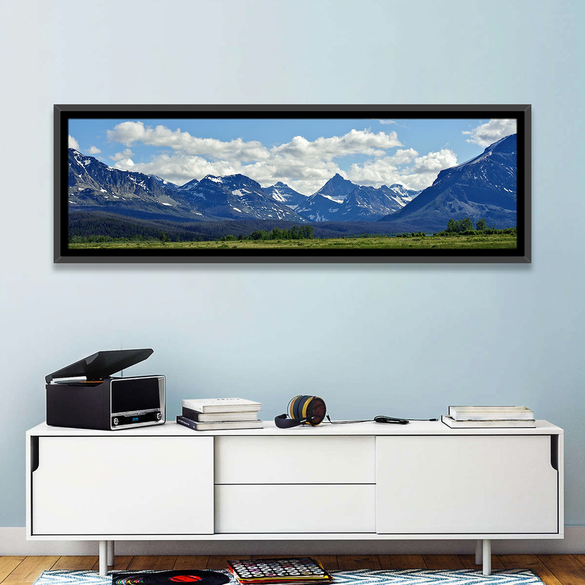 Montana Rocky Mountains Wall Art in a room, panoramic
