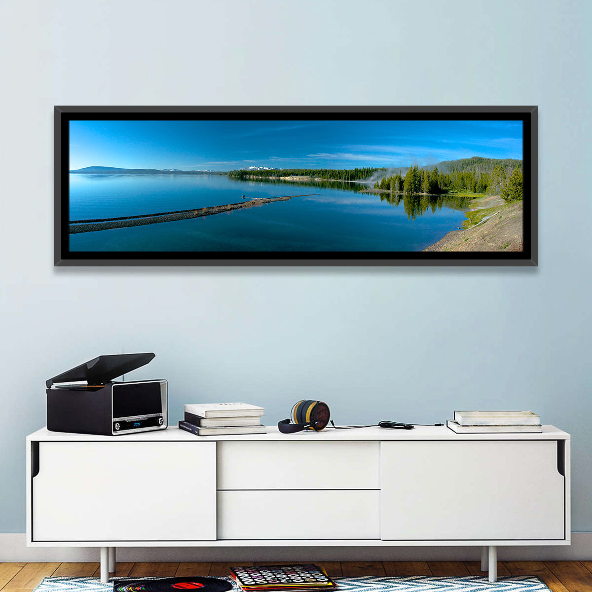 Yellowstone Lake Shore Wall Art in a room, panoramic
