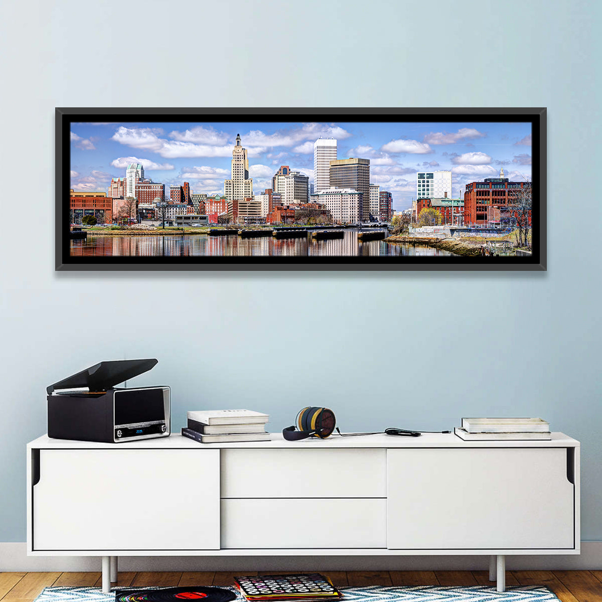 Providence Skyline Wall Art in a room, panoramic