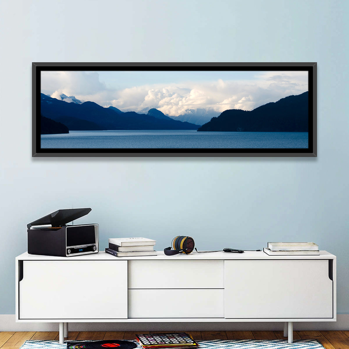 Harrison Lake Morning Clouds Wall Art in a room, panoramic