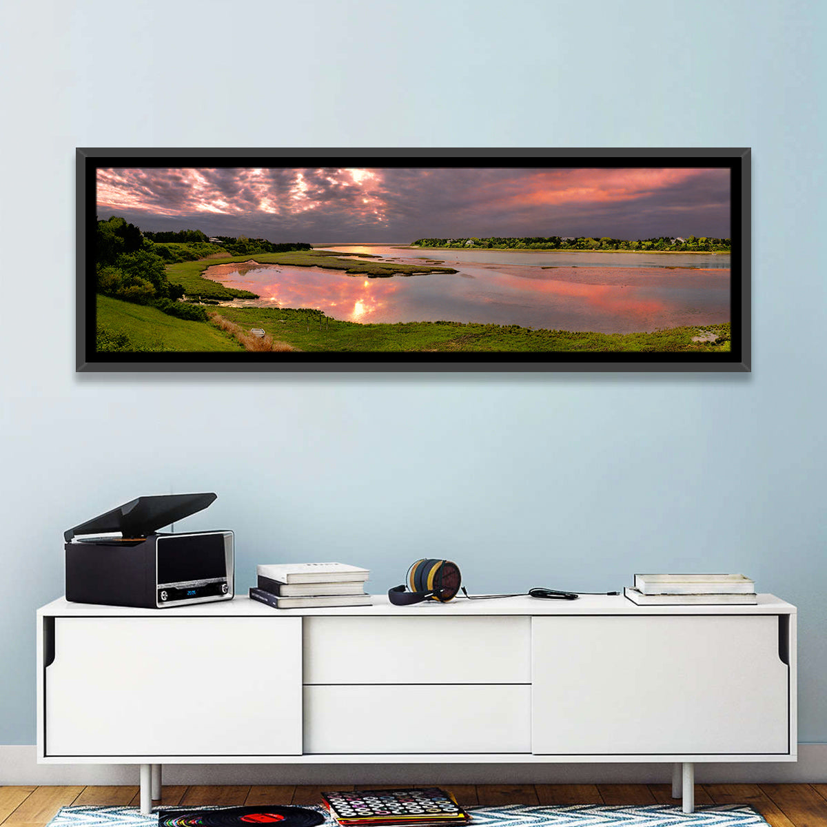 Cape Cod Cloudy Sunrise Wall Art in a room, panoramic