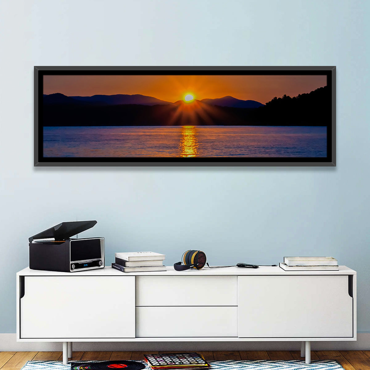 Lake Jocassee Golden Sunrise Wall Art in a room, panoramic