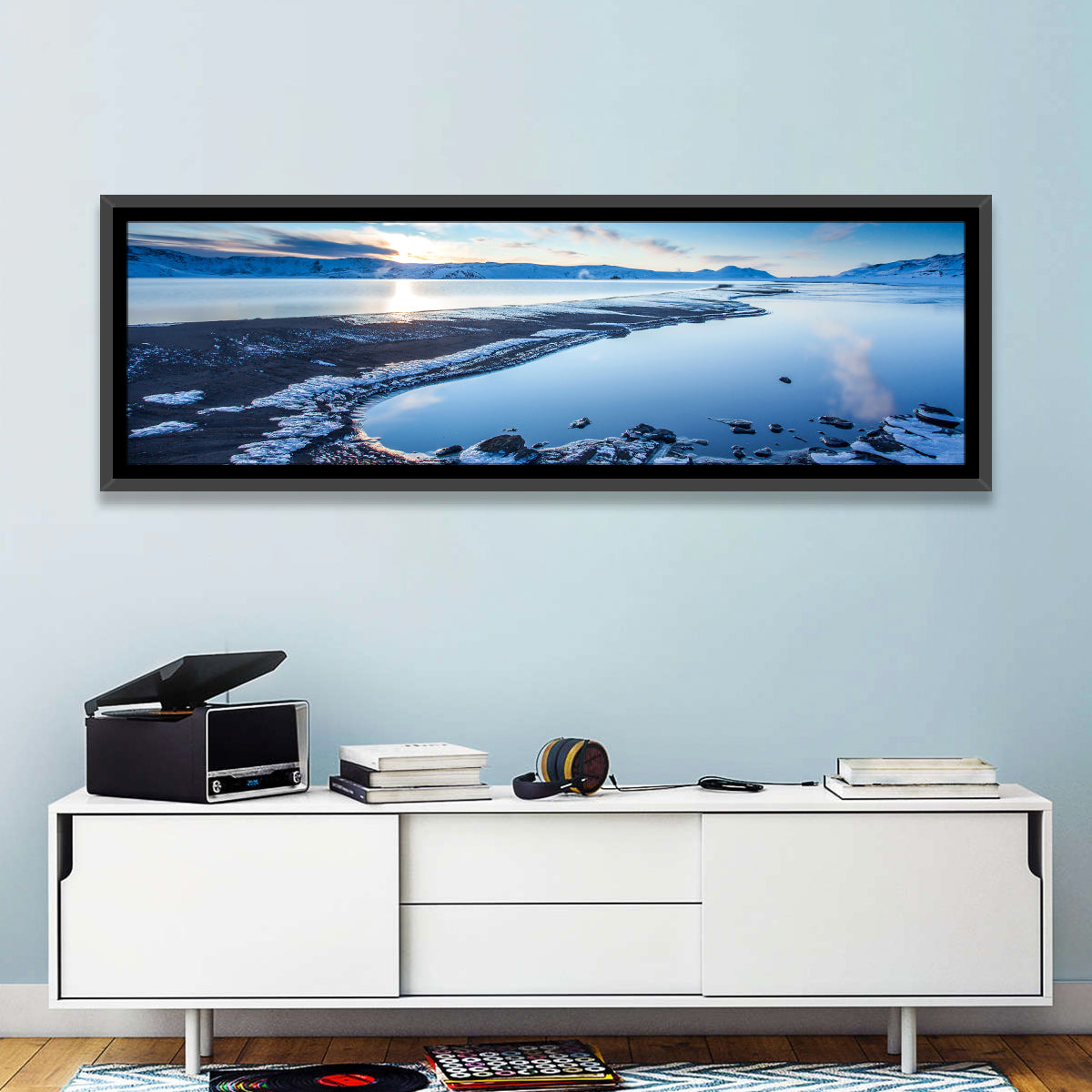 Lake Kleifarvatn Icy Shoreline Wall Art in a room, panoramic