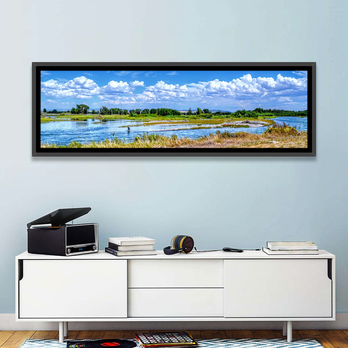 Snake River Fly Fishing, Idaho Wall Art in a room, panoramic