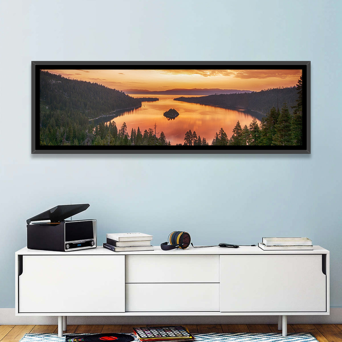 Emerald Bay Sunrise, Lake Tahoe Wall Art in a room, panoramic