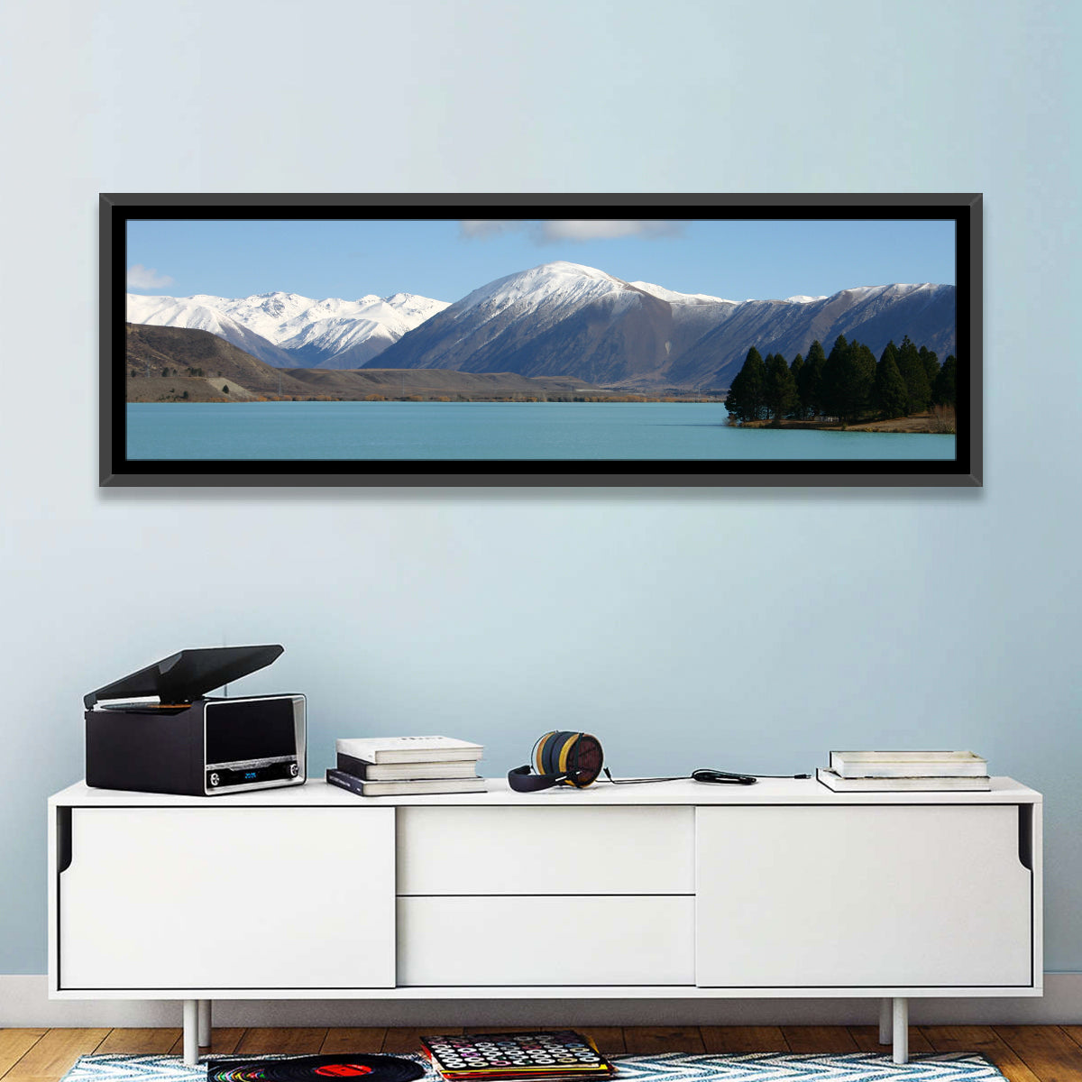 Turquoise Lake Pukaki Wall Art in a room, panoramic