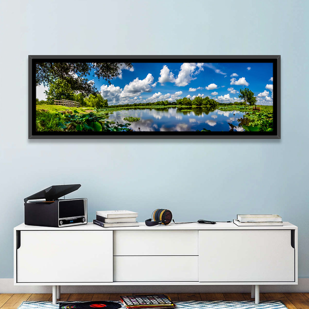 Brazos Bend Lake Reflection Wall Art in a room, panoramic
