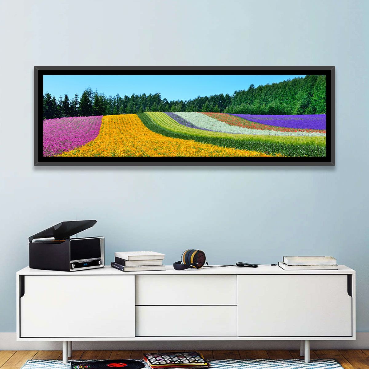 Tomita Flower Fields, Nakafurano Wall Art in a room, panoramic