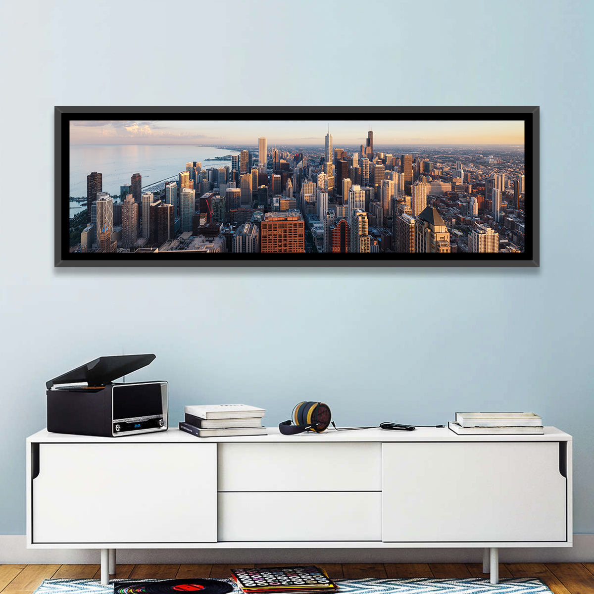 Chicago Skyline at Golden Hour Wall Art in a room, panoramic