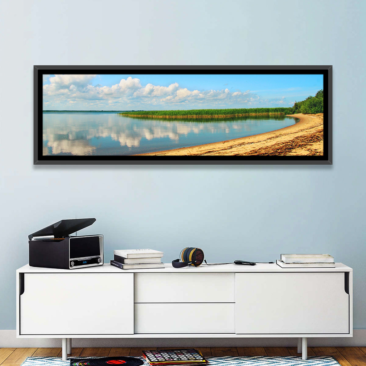 Lake Pskov Shoreline Wall Art in a room, panoramic