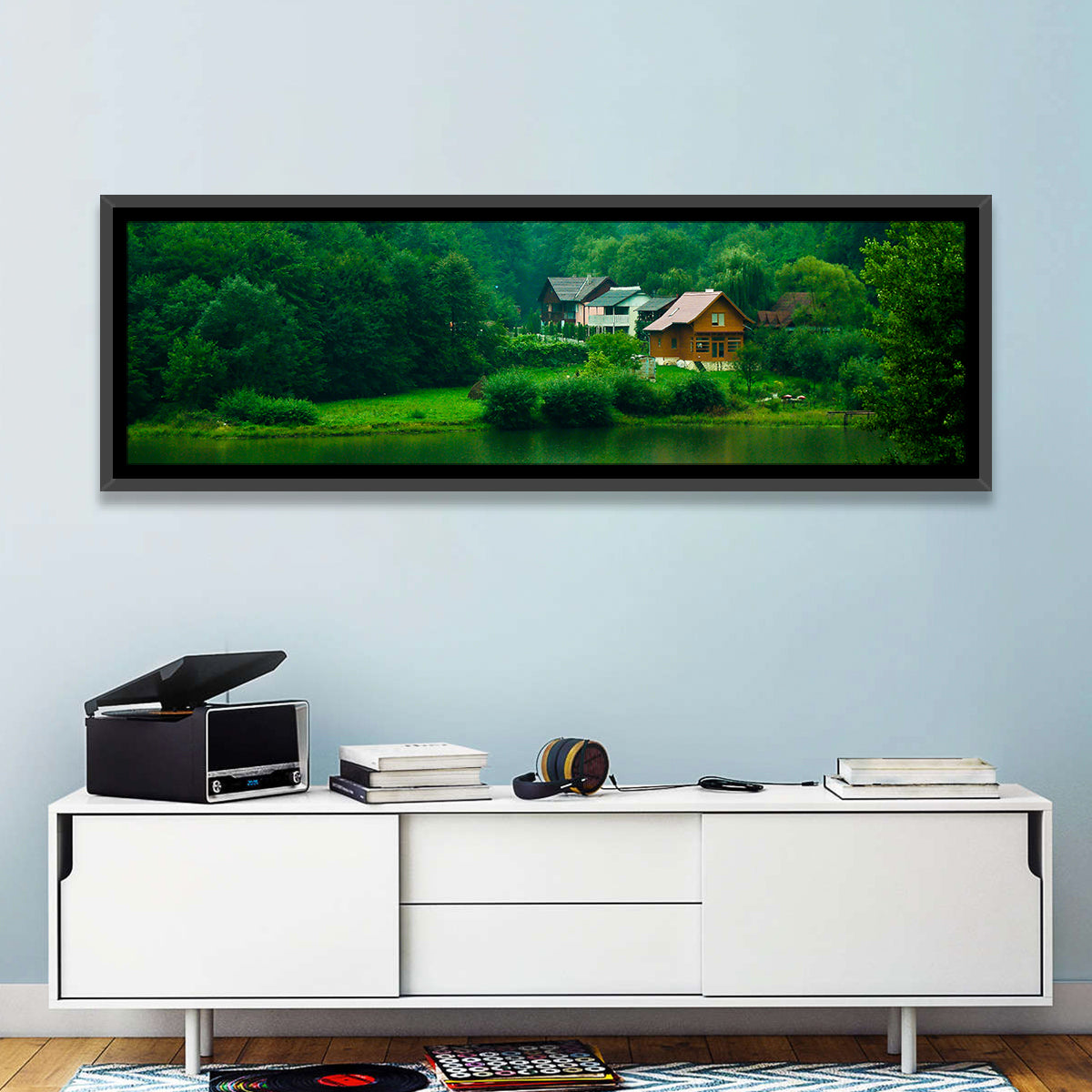 Mist Over Lake Tarnita Wall Art in a room, panoramic