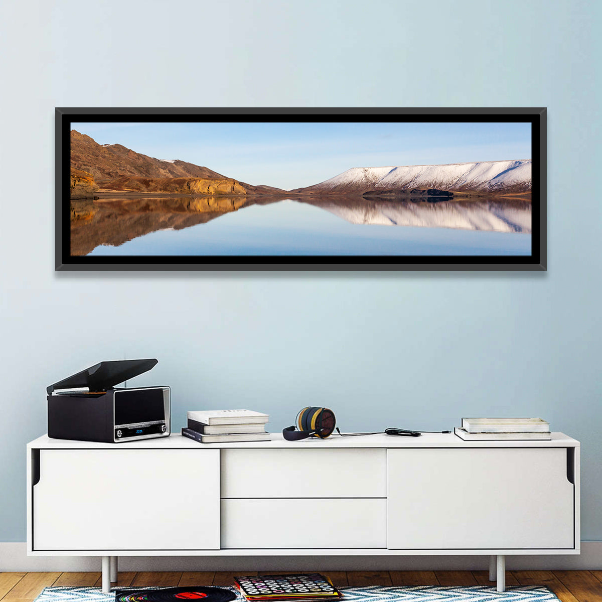 Lake Kleifarvatn Reflection Wall Art in a room, panoramic