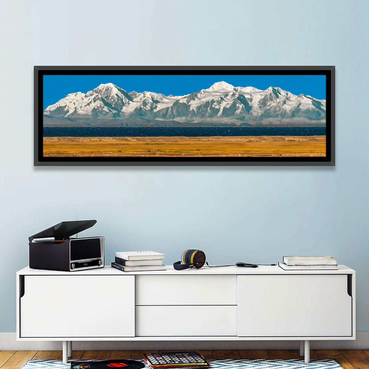 Snow-capped Peaks Over Lake Titicaca Wall Art in a room, panoramic