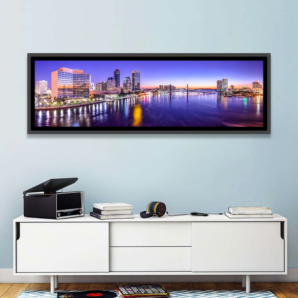 Jacksonville Twilight Skyline Wall Art in a room, panoramic
