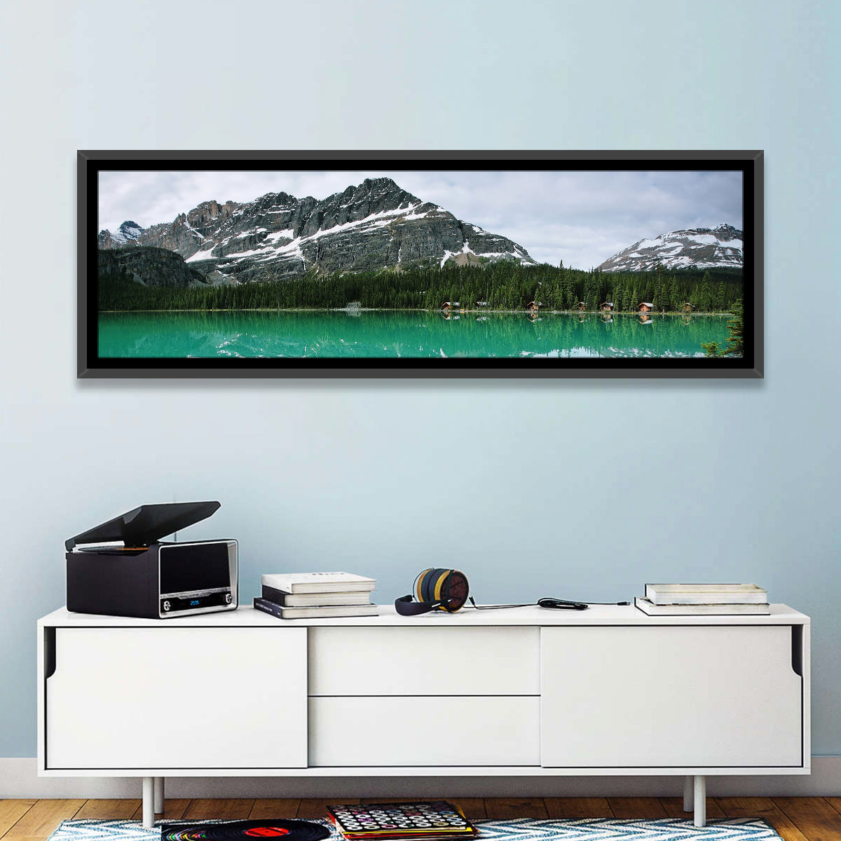 Lake Ohara Turquoise Reflection Wall Art in a room, panoramic
