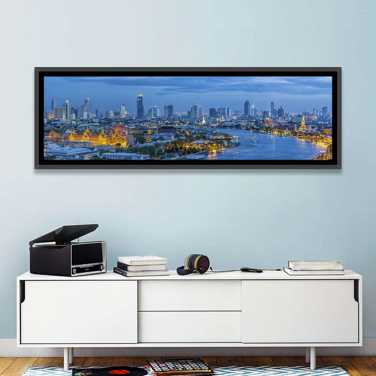 Bangkok Skyline at Blue Hour Wall Art in a room, panoramic