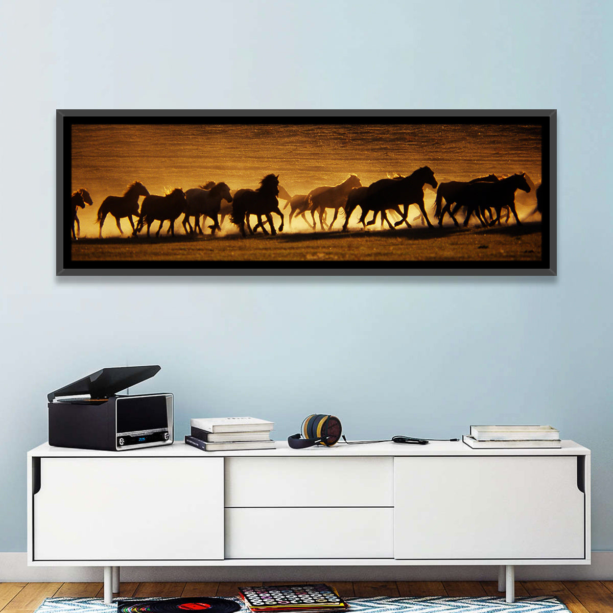 Running Wild Horses at Sunset Wall Art in a room, panoramic