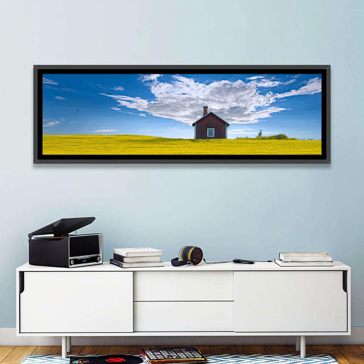 Red Barn in Golden Wheat Field Wall Art in a room, panoramic