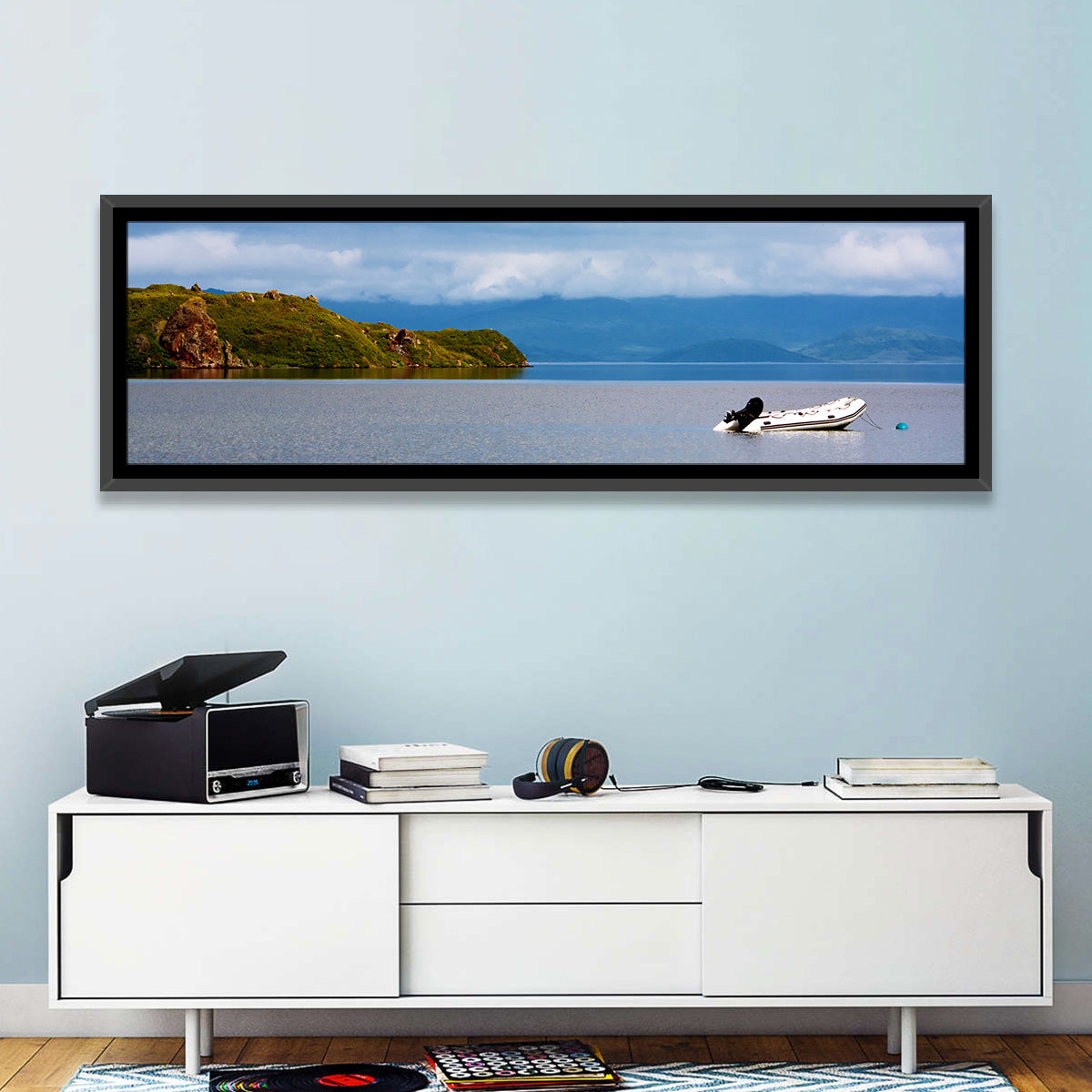 Kronotskое Lake with Boat Wall Art in a room, panoramic