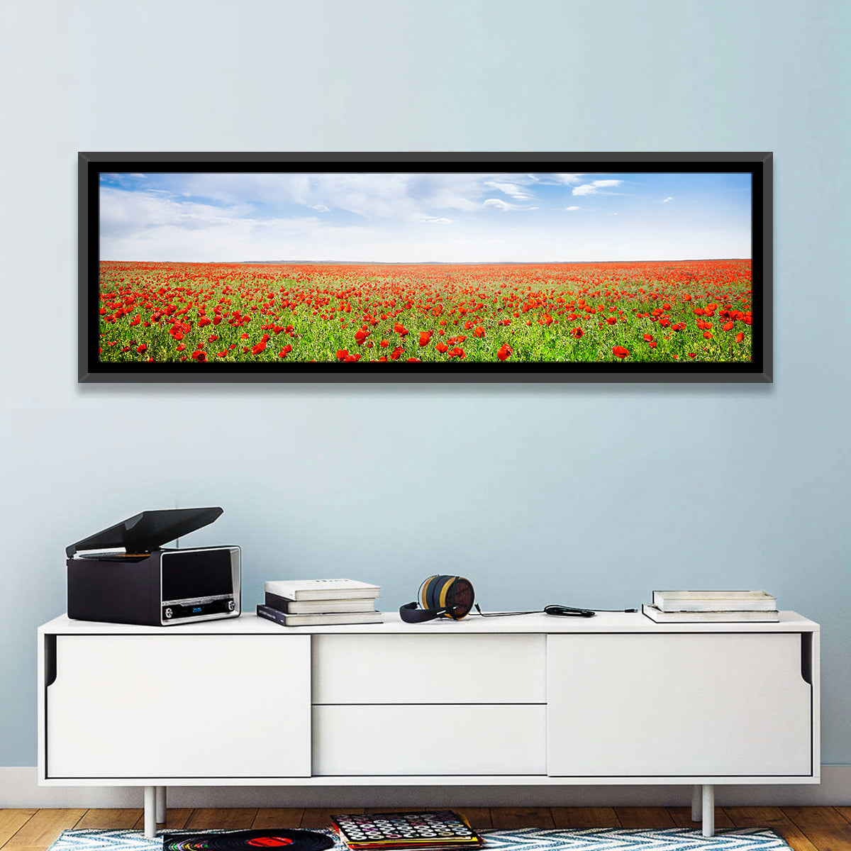 Red Poppy Field Wall Art in a room, panoramic