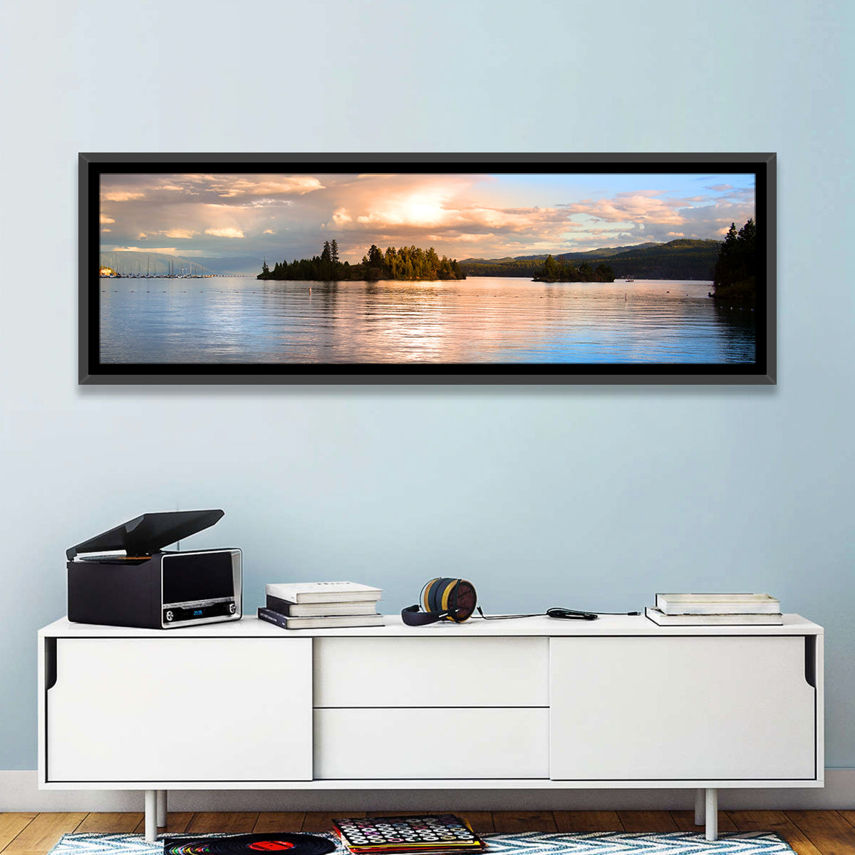 Flathead Lake Golden Hour Wall Art in a room, panoramic