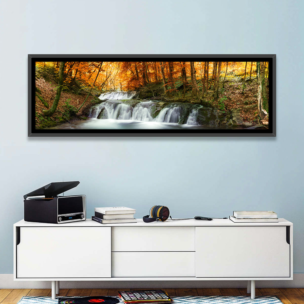 Autumn Forest Waterfall Wall Art in a room, panoramic