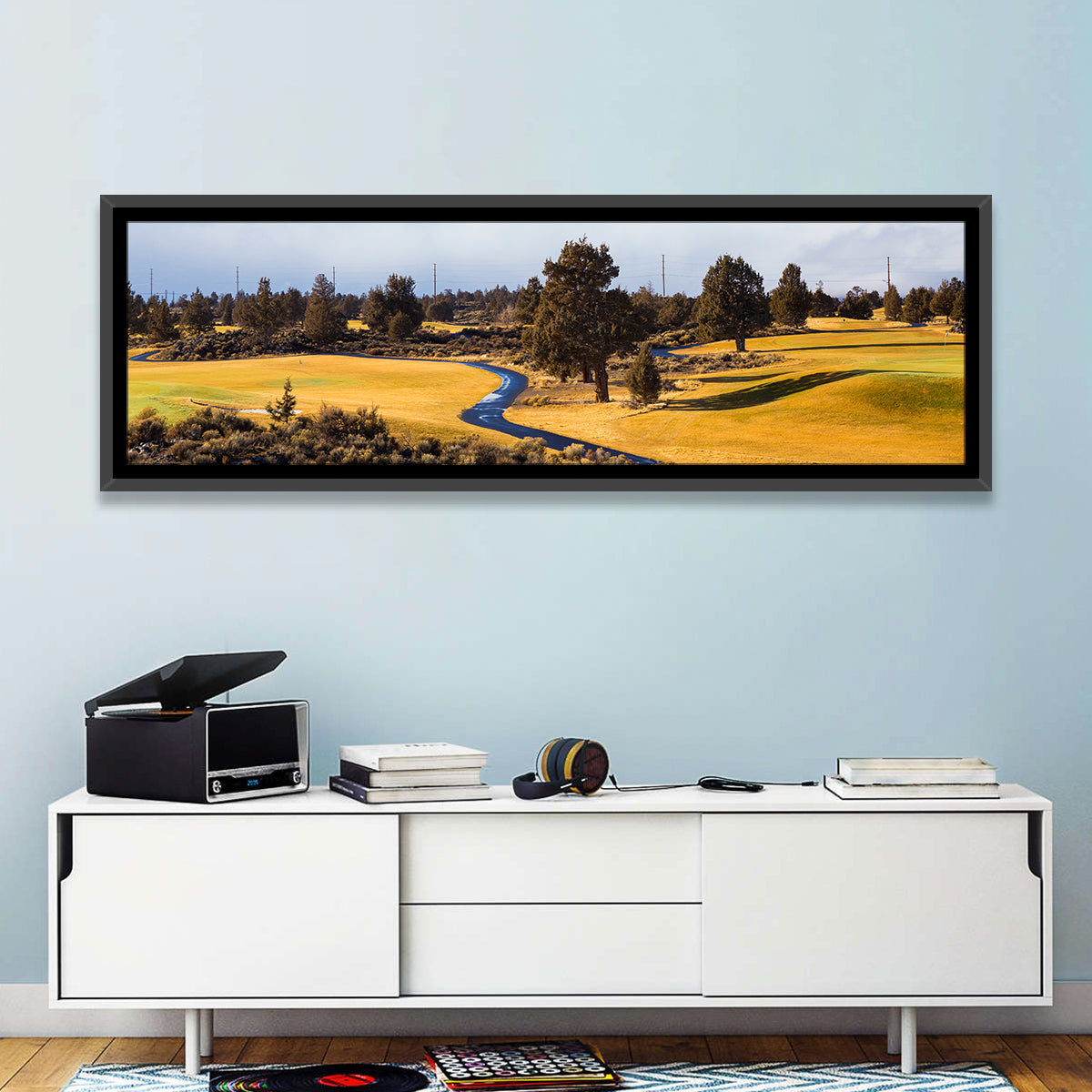 Central Oregon Golf Course with Winding Path Wall Art in a room, panoramic