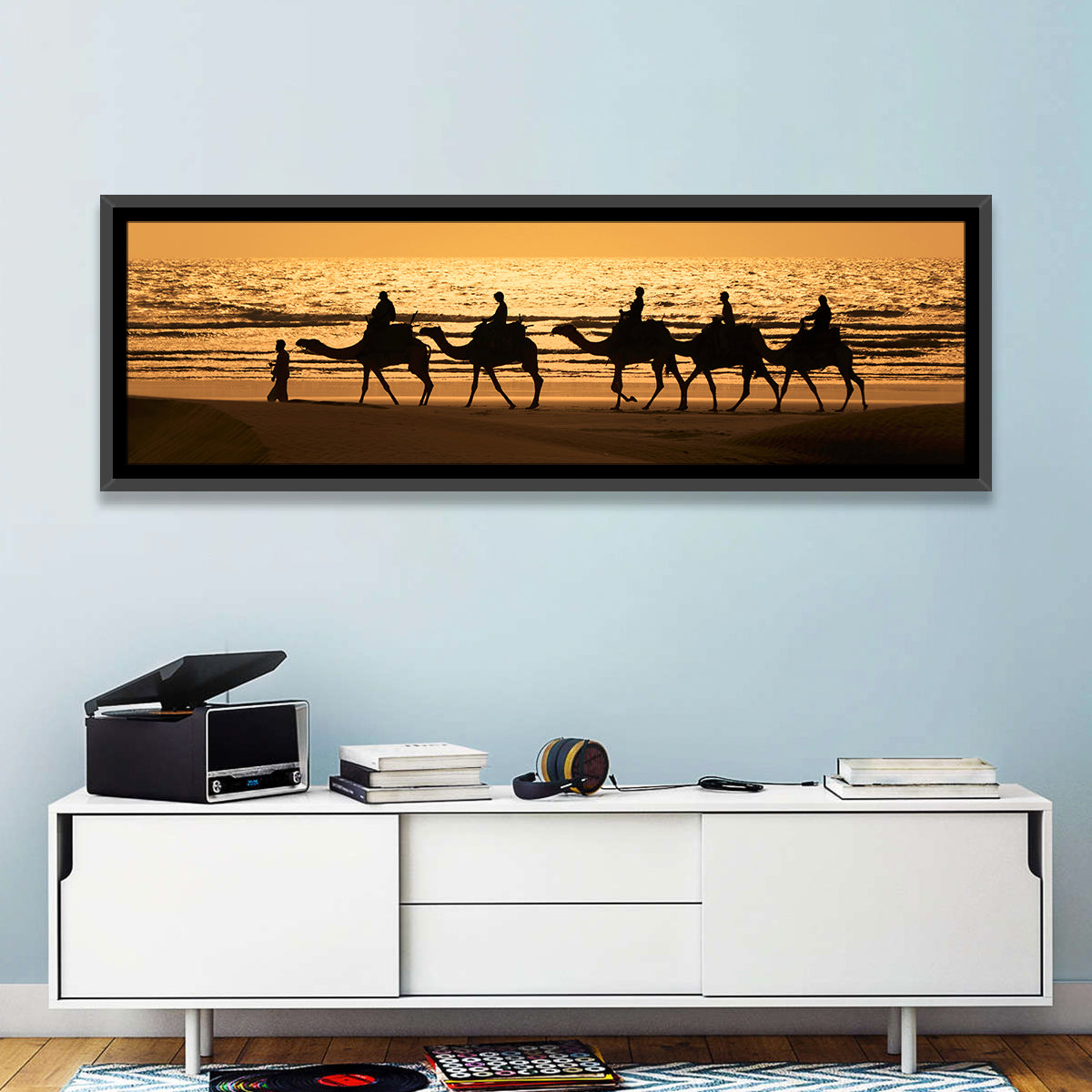 Camel Caravan Silhouette on Wet Sand Wall Art in a room, panoramic