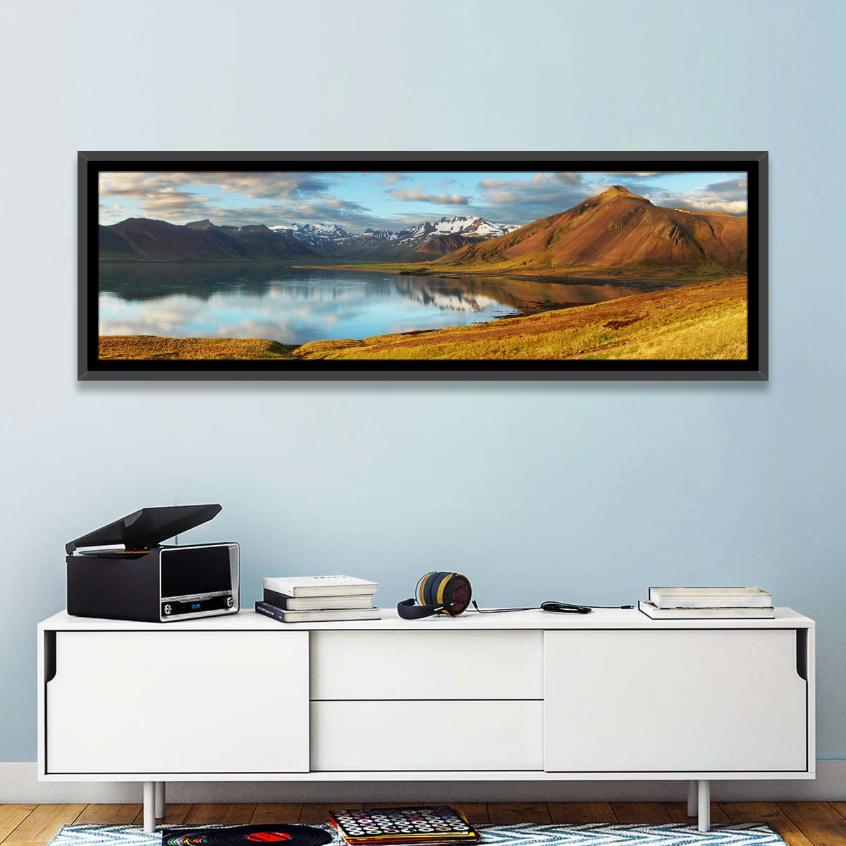 Icelandic Mountain Lake at Golden Hour Wall Art in a room, panoramic