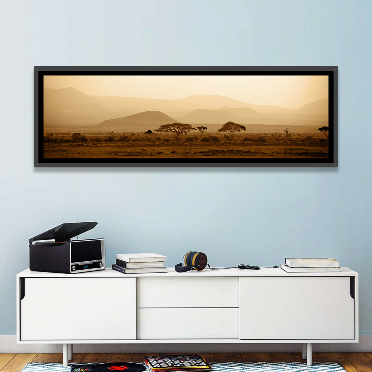 Hazy Savannah at Dawn Wall Art in a room, panoramic