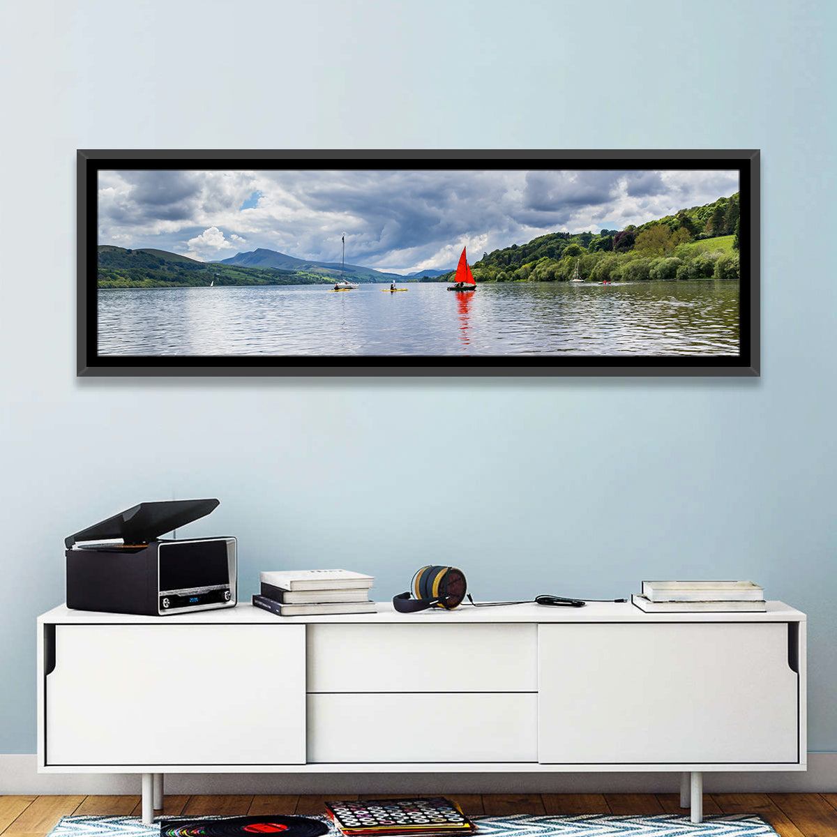 Bala Lake Sailboat Reflection Wall Art in a room, panoramic