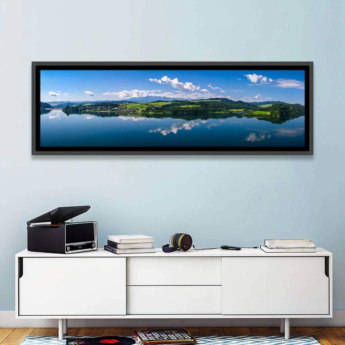 Lake Czorsztynskie Reflections Wall Art in a room, panoramic