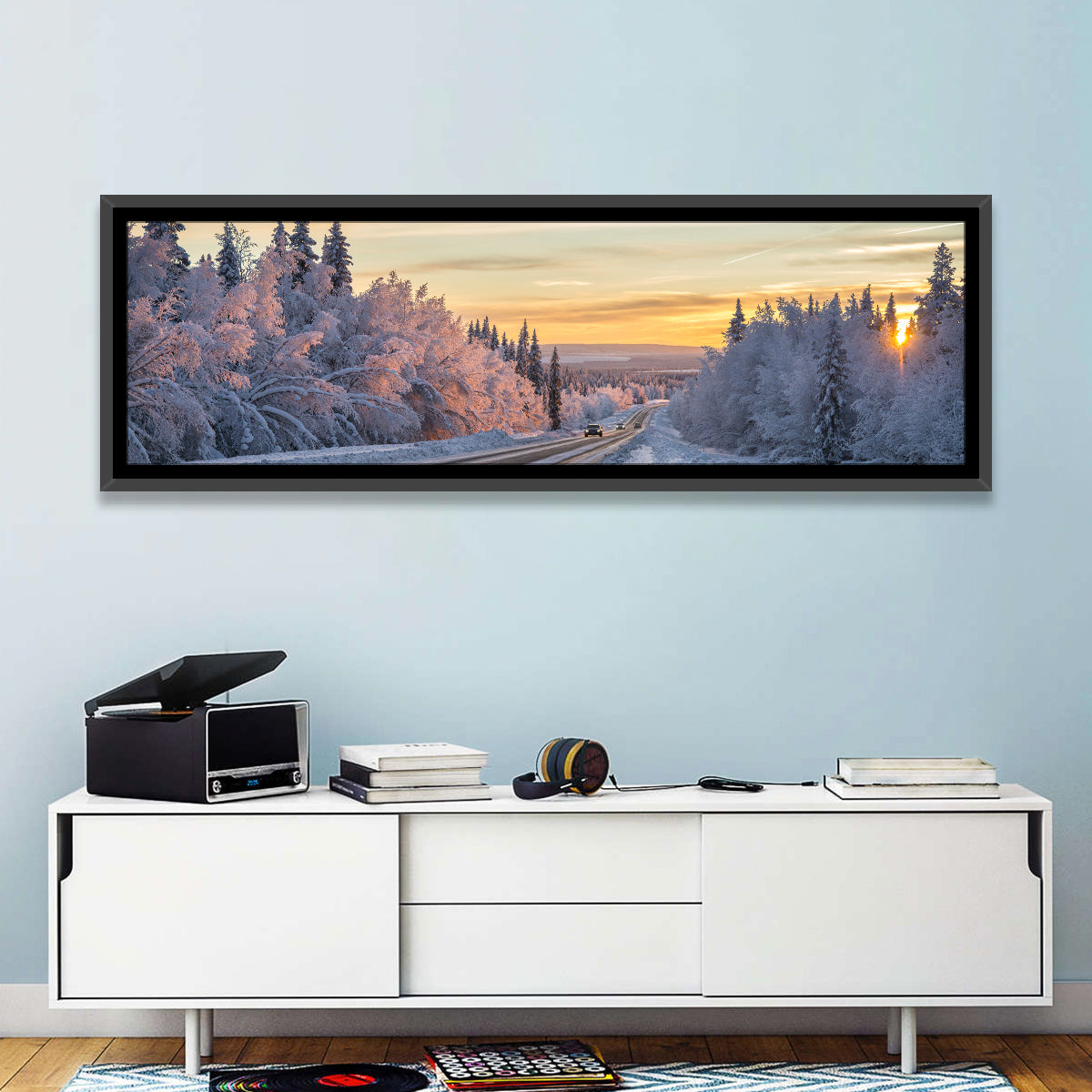 Winter Road at Sunset Wall Art in a room, panoramic