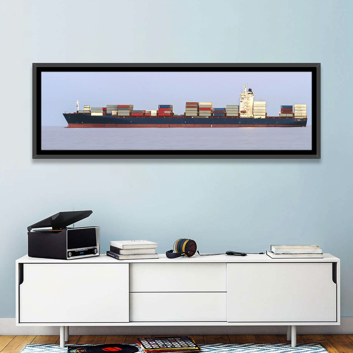 Container Ship on the Ocean Wall Art in a room, panoramic