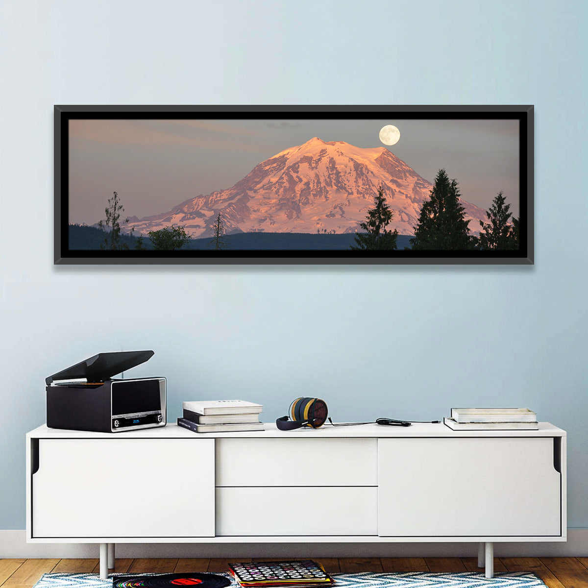 Mount Rainier Alpenglow with Full Moon Wall Art
