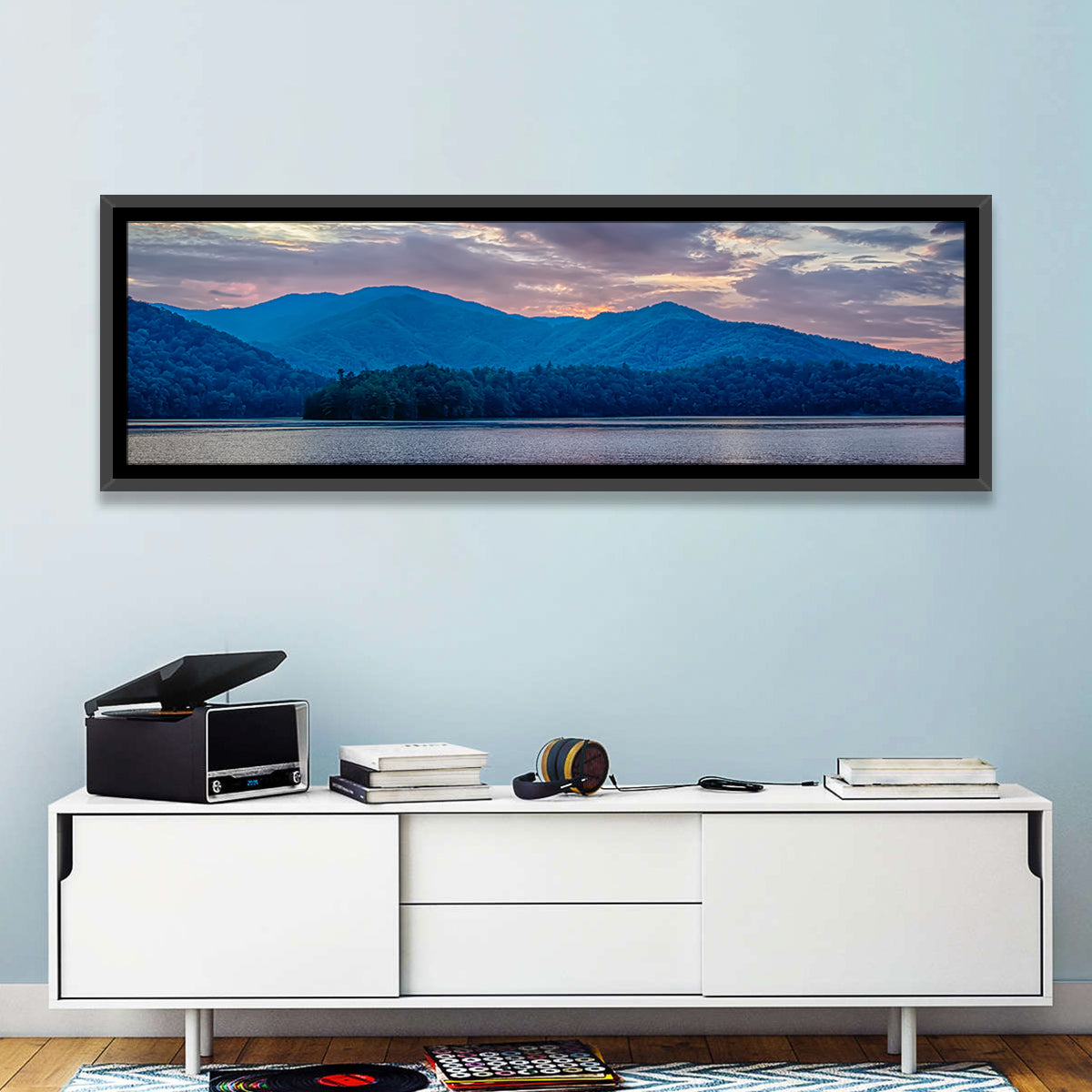 Lake Santeetlah Sunset Glow Wall Art in a room, panoramic