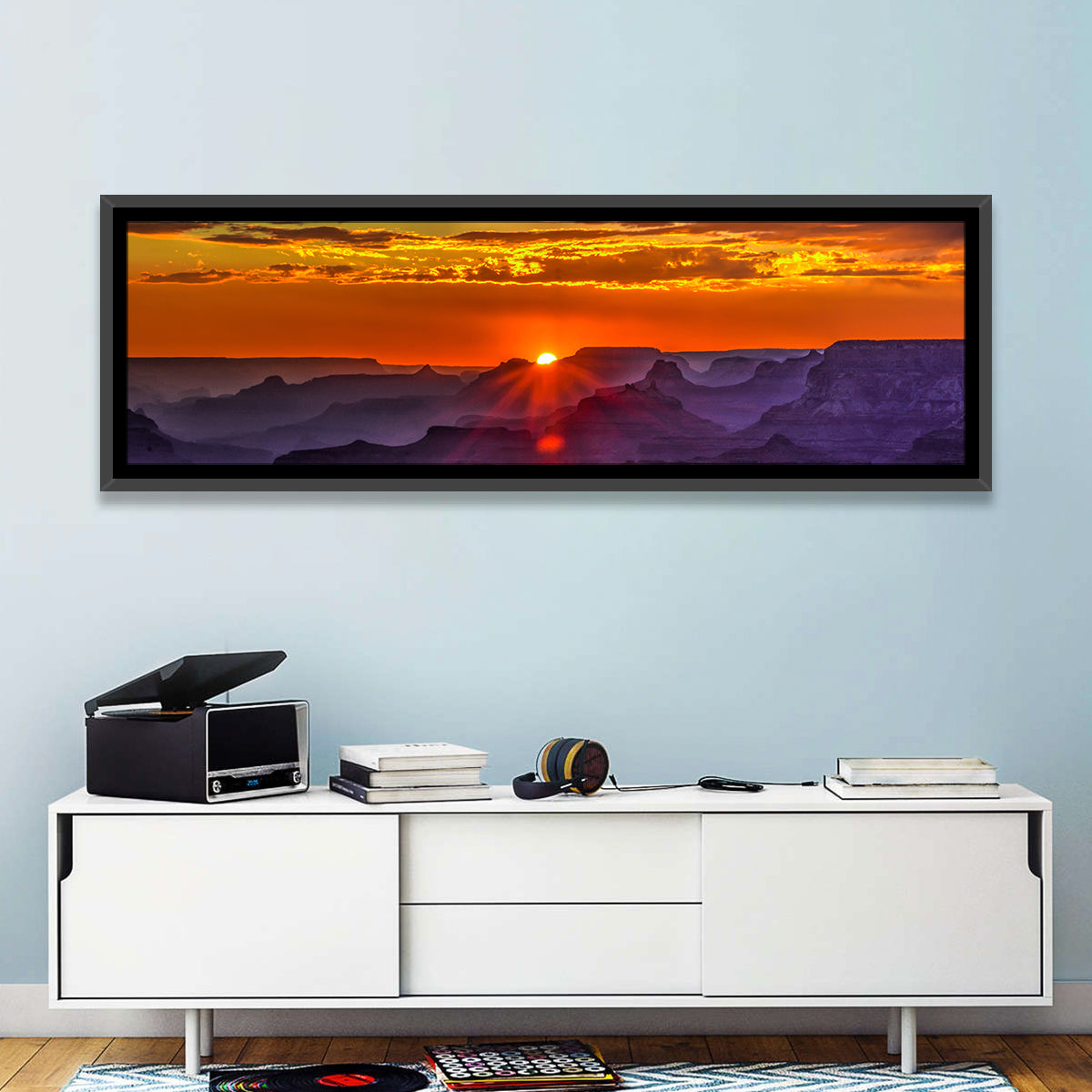 Lipan Point Sunset Sunburst Wall Art in a room, panoramic
