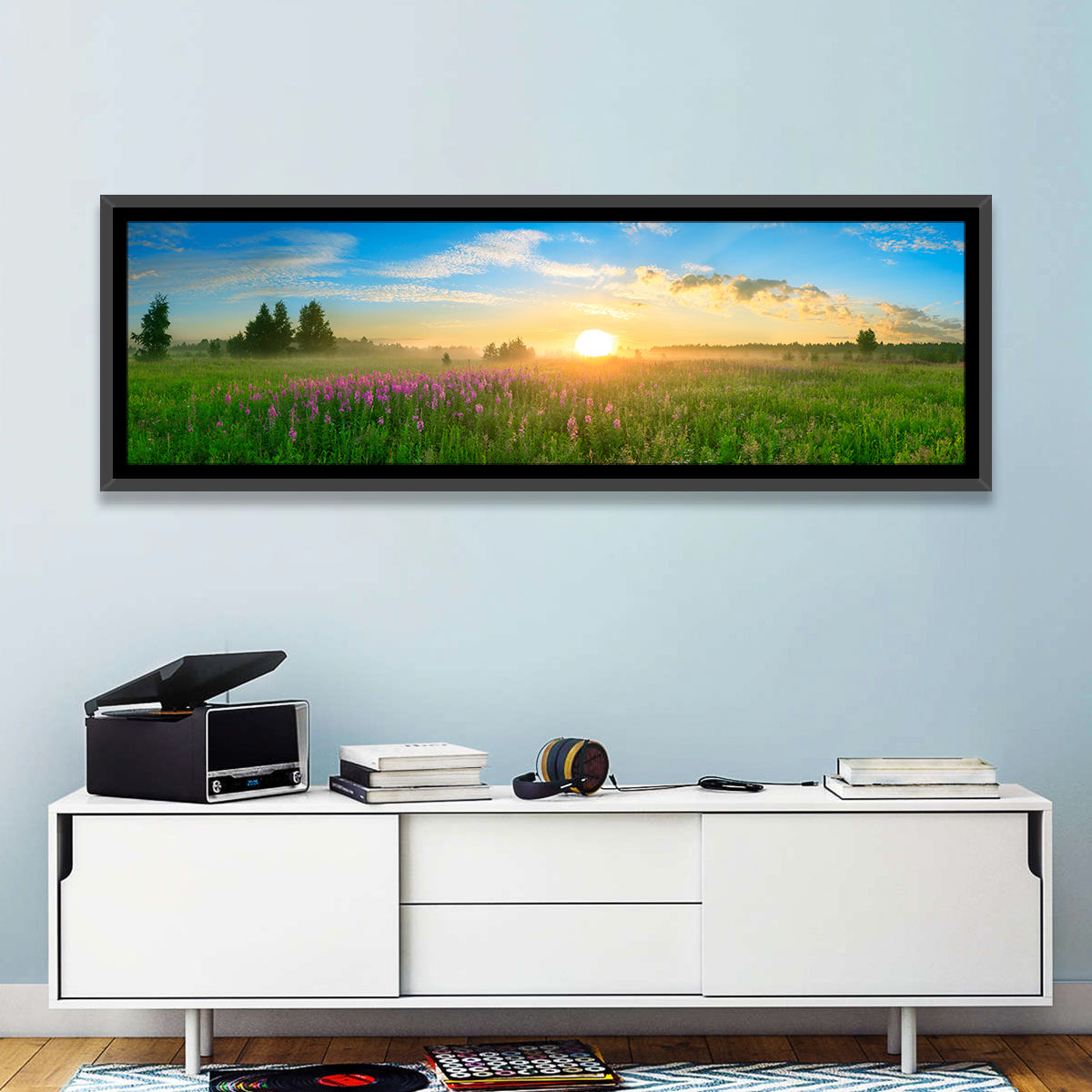 Fireweed Meadow Sunrise Wall Art in a room, panoramic