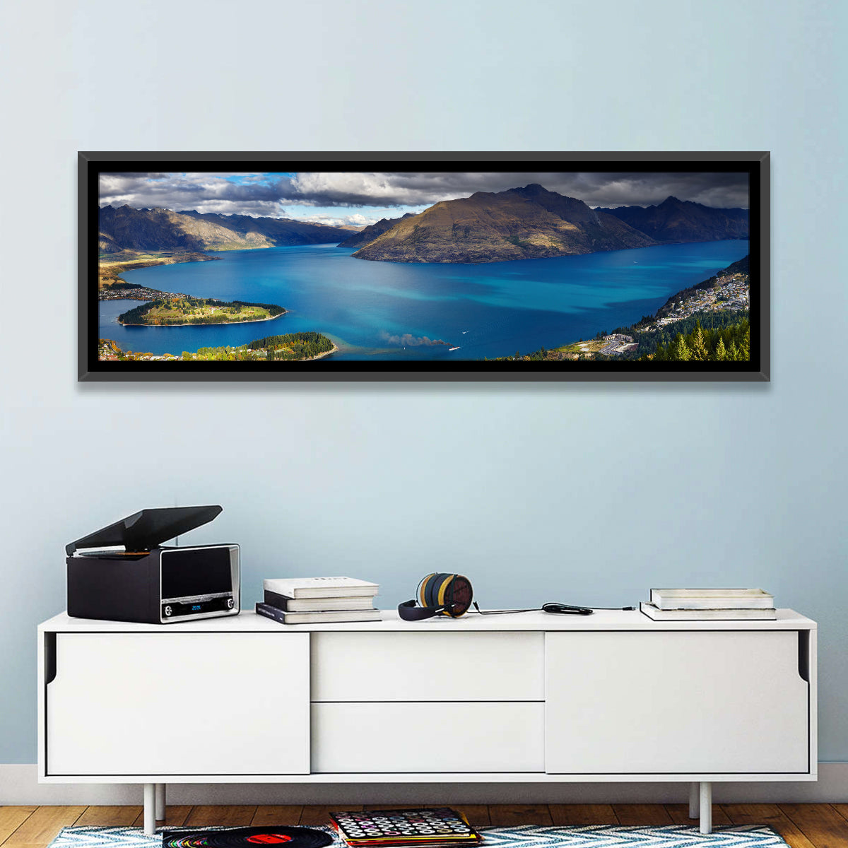 Lake Wakatipu Vista Wall Art in a room, panoramic