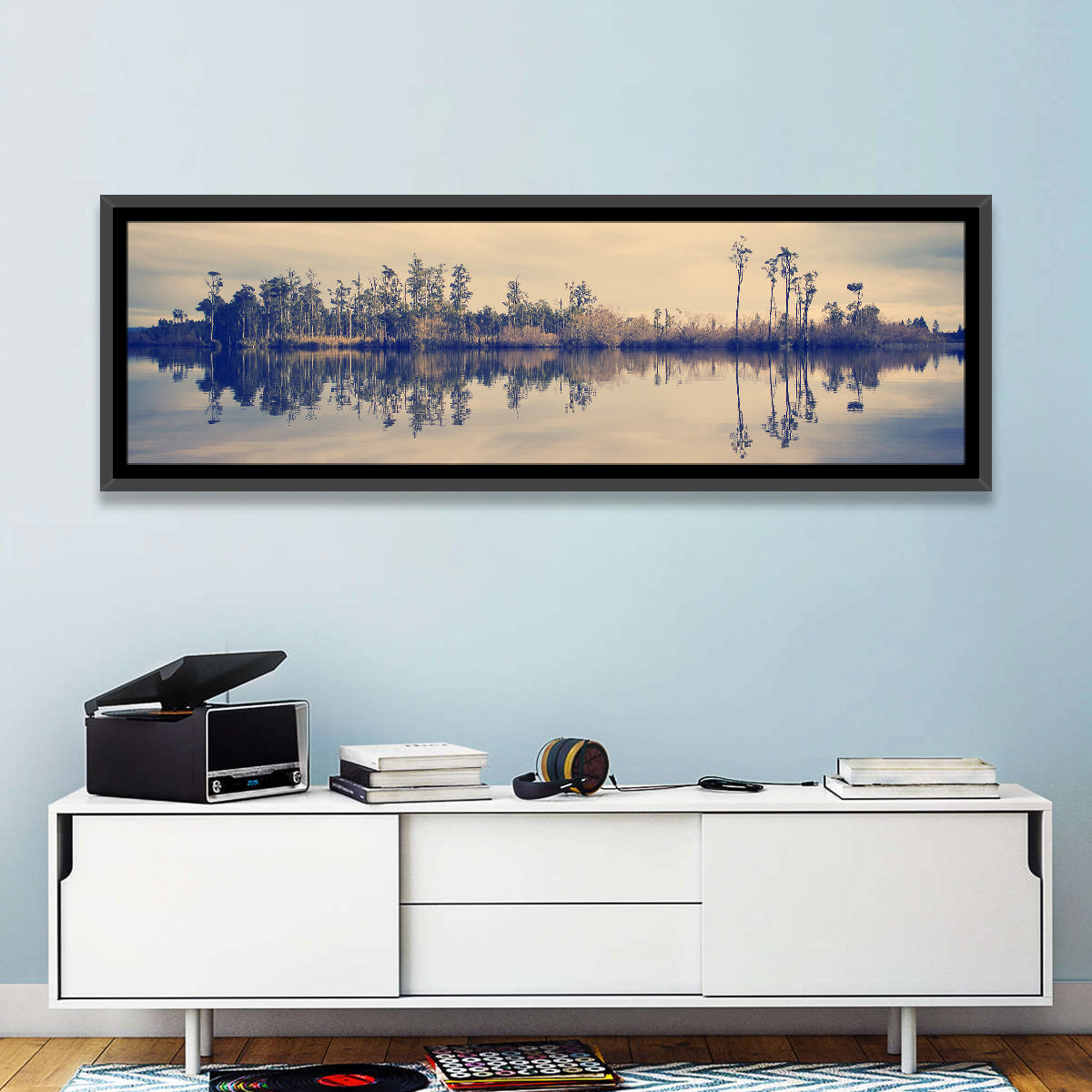 Sunset Over Forest Lake Wall Art in a room, panoramic