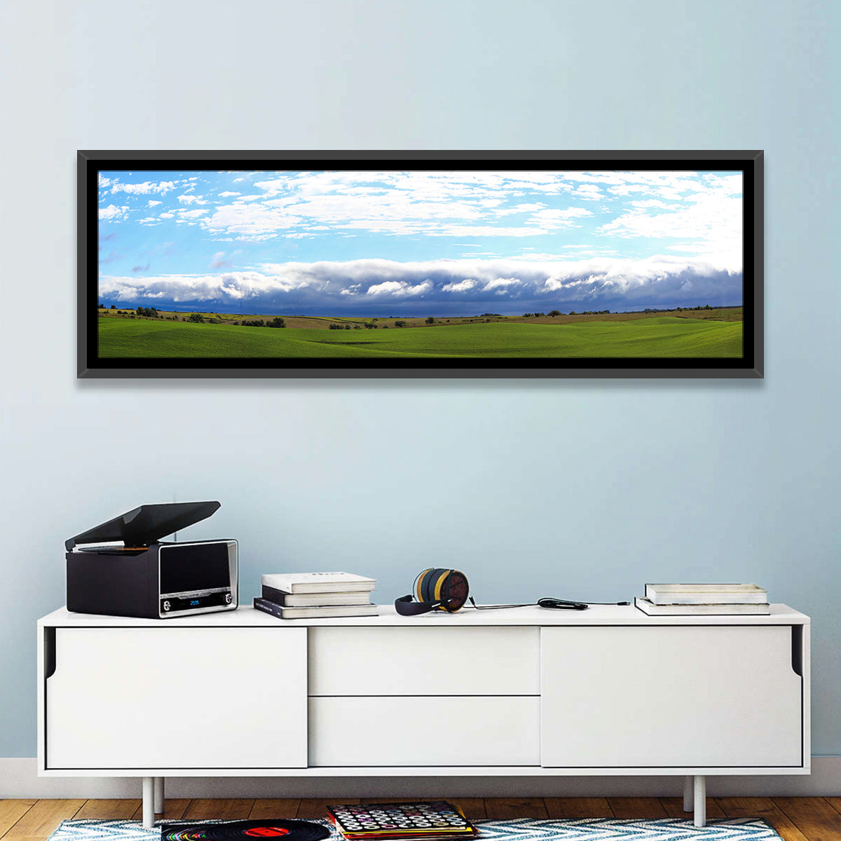 Storm Clouds Over Iowa Fields Wall Art in a room, panoramic