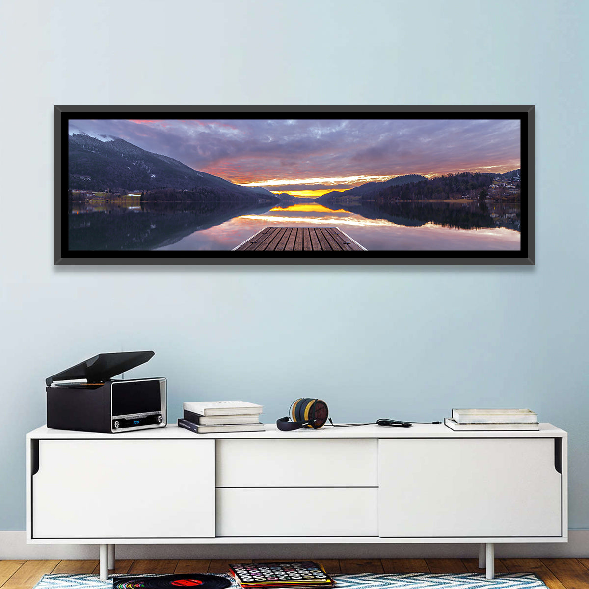 Fuschlsee Pier at Sunset Wall Art in a room, panoramic