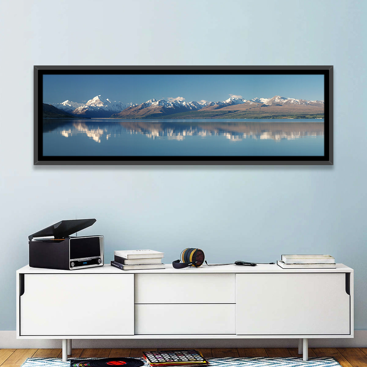 Mount Cook Reflection Over Lake Pukaki Wall Art in a room, panoramic