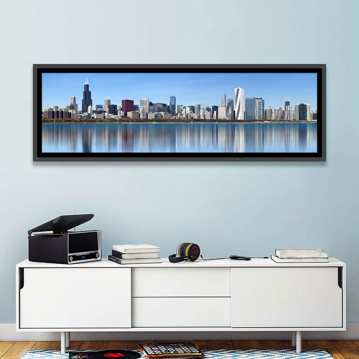 Chicago Skyline Reflection Wall Art in a room, panoramic