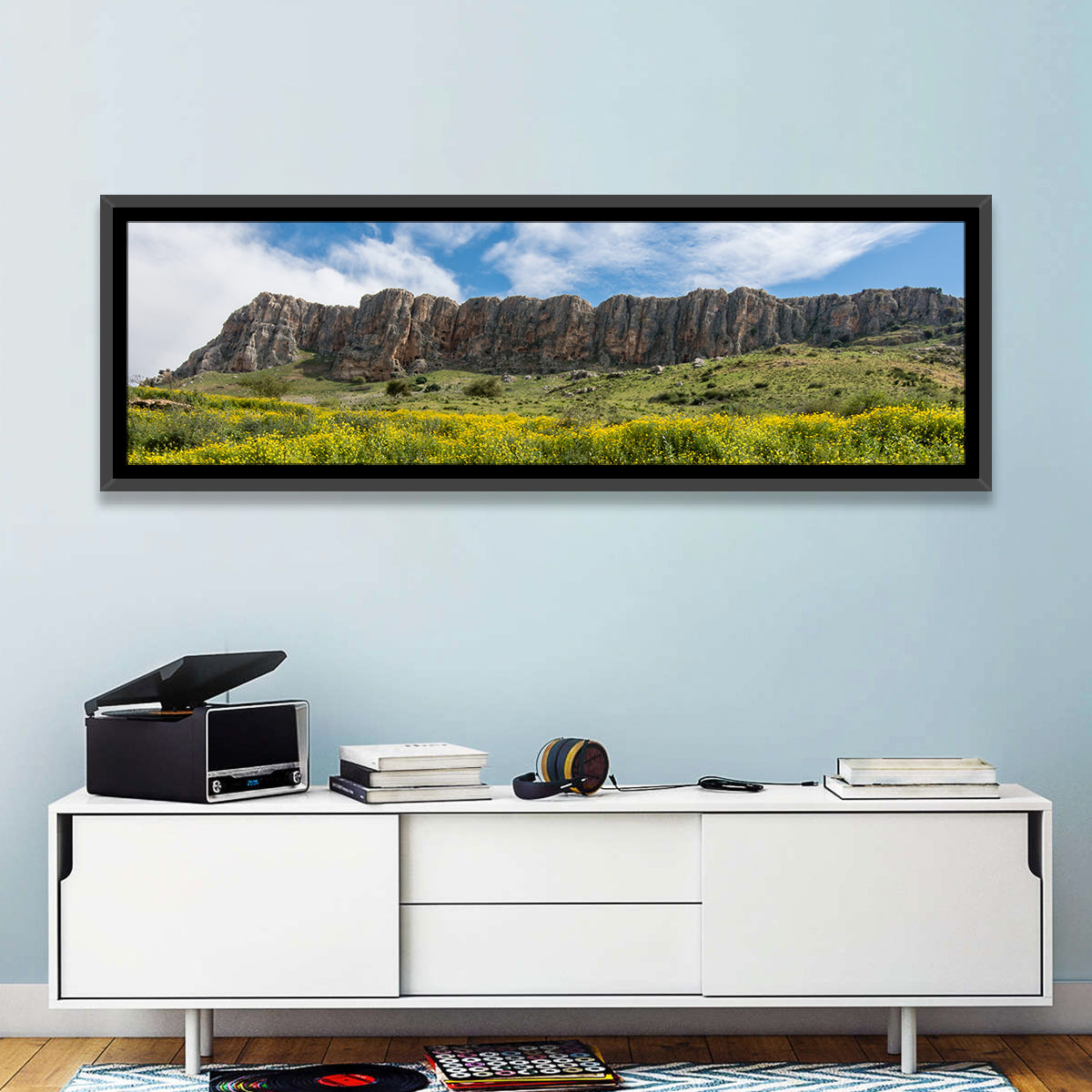 Mount Arbel Wildflower Meadow Wall Art in a room, panoramic