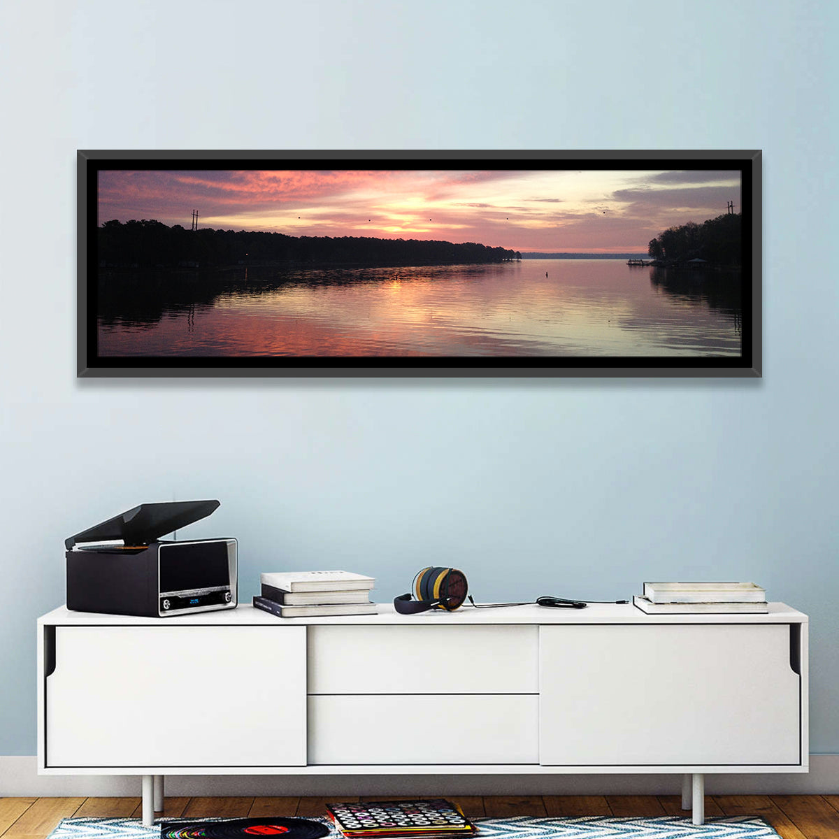 Lake Eufaula Sunset Wall Art in a room, panoramic