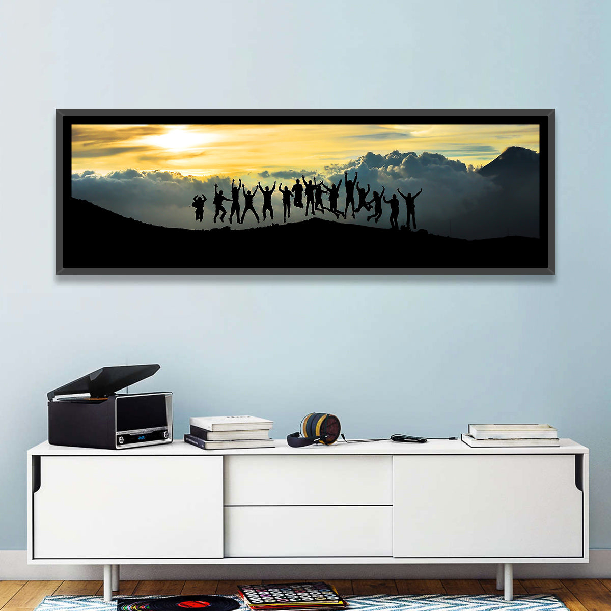Golden Team Silhouettes at Sunset Wall Art in a room, panoramic
