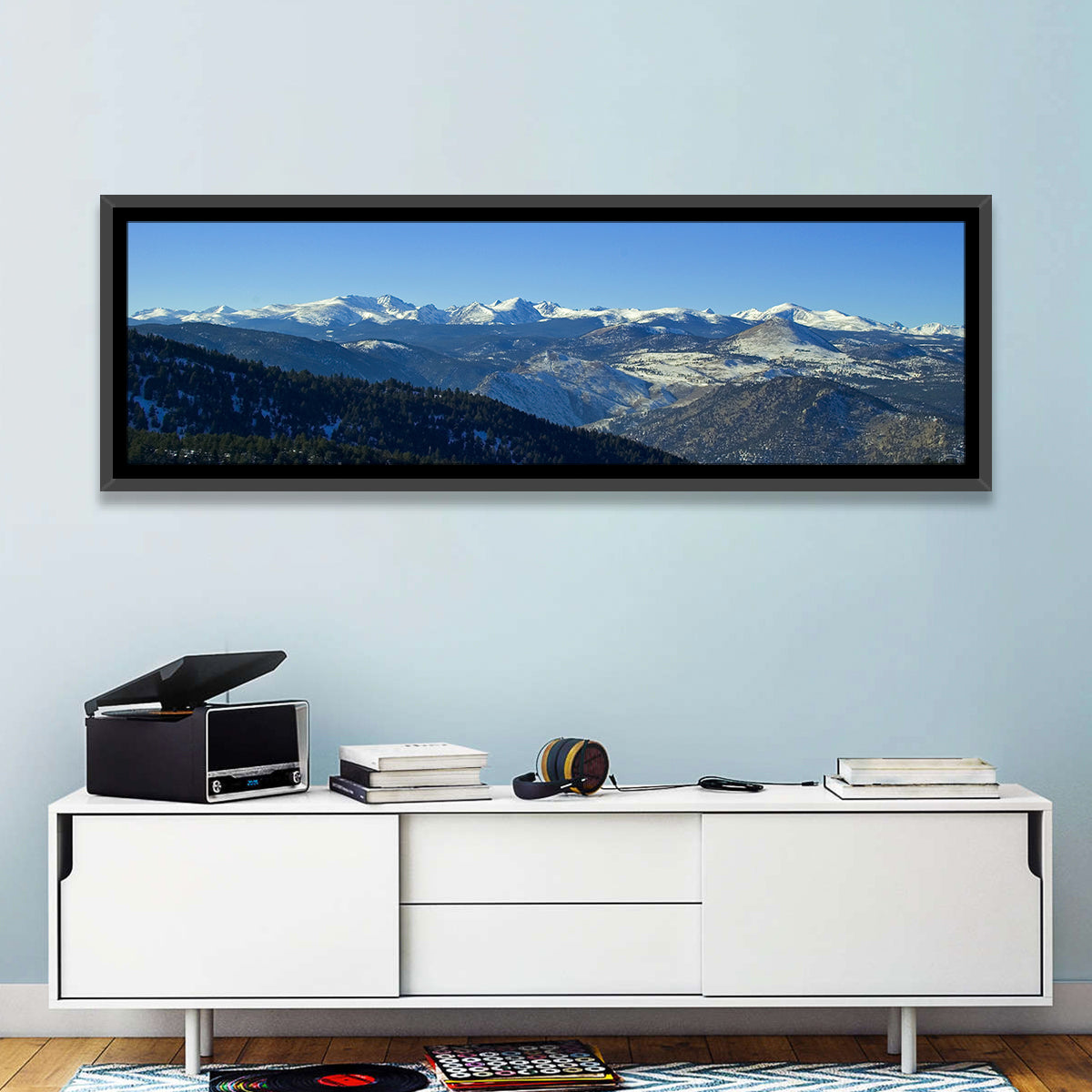 Snow-dusted Colorado Rockies Wall Art in a room, panoramic