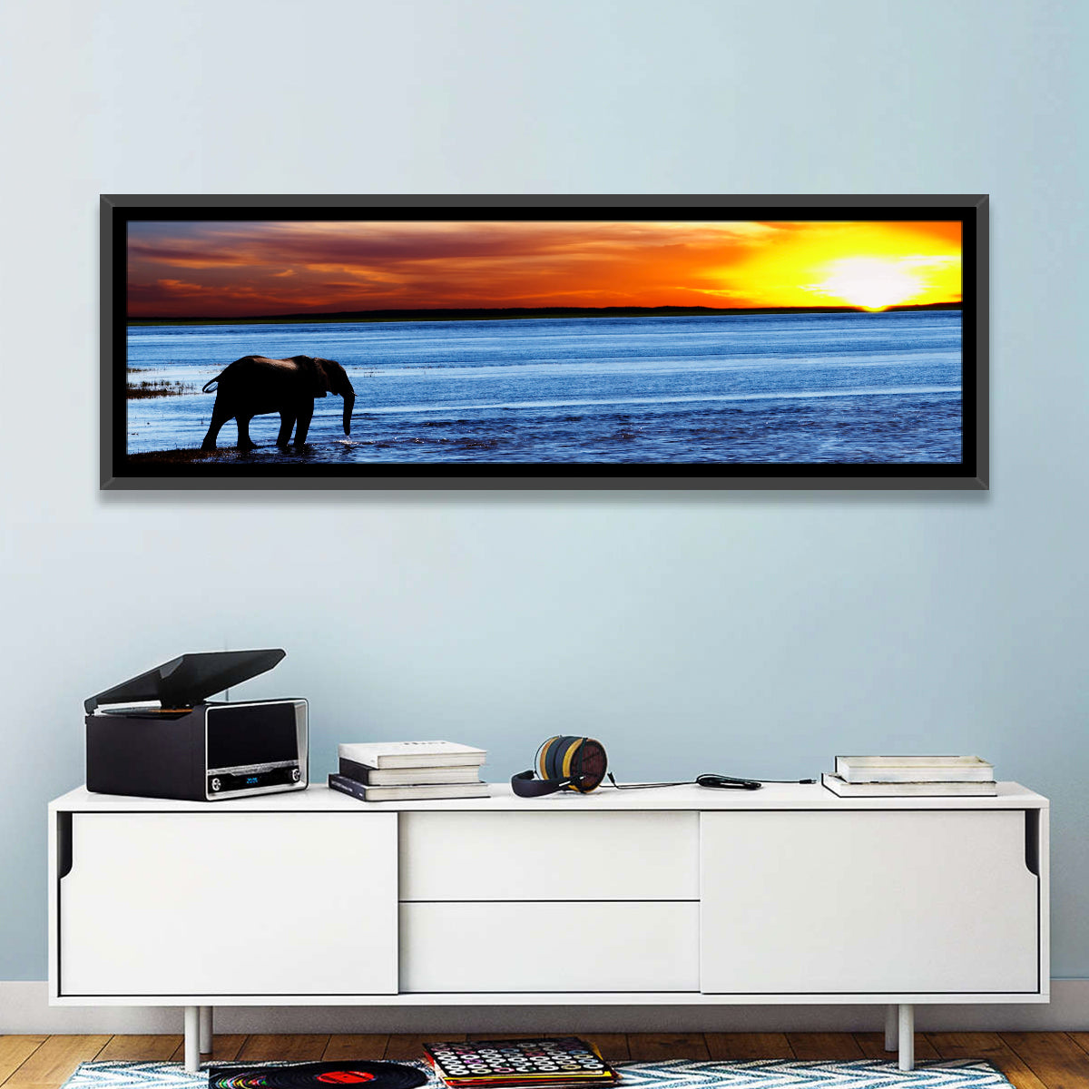 Elephant Silhouette at Beach Sunset Wall Art in a room, panoramic