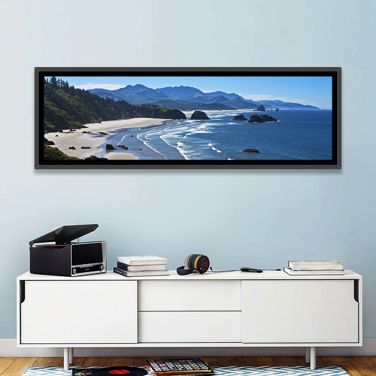 Cannon Beach Morning Shoreline Wall Art in a room, panoramic